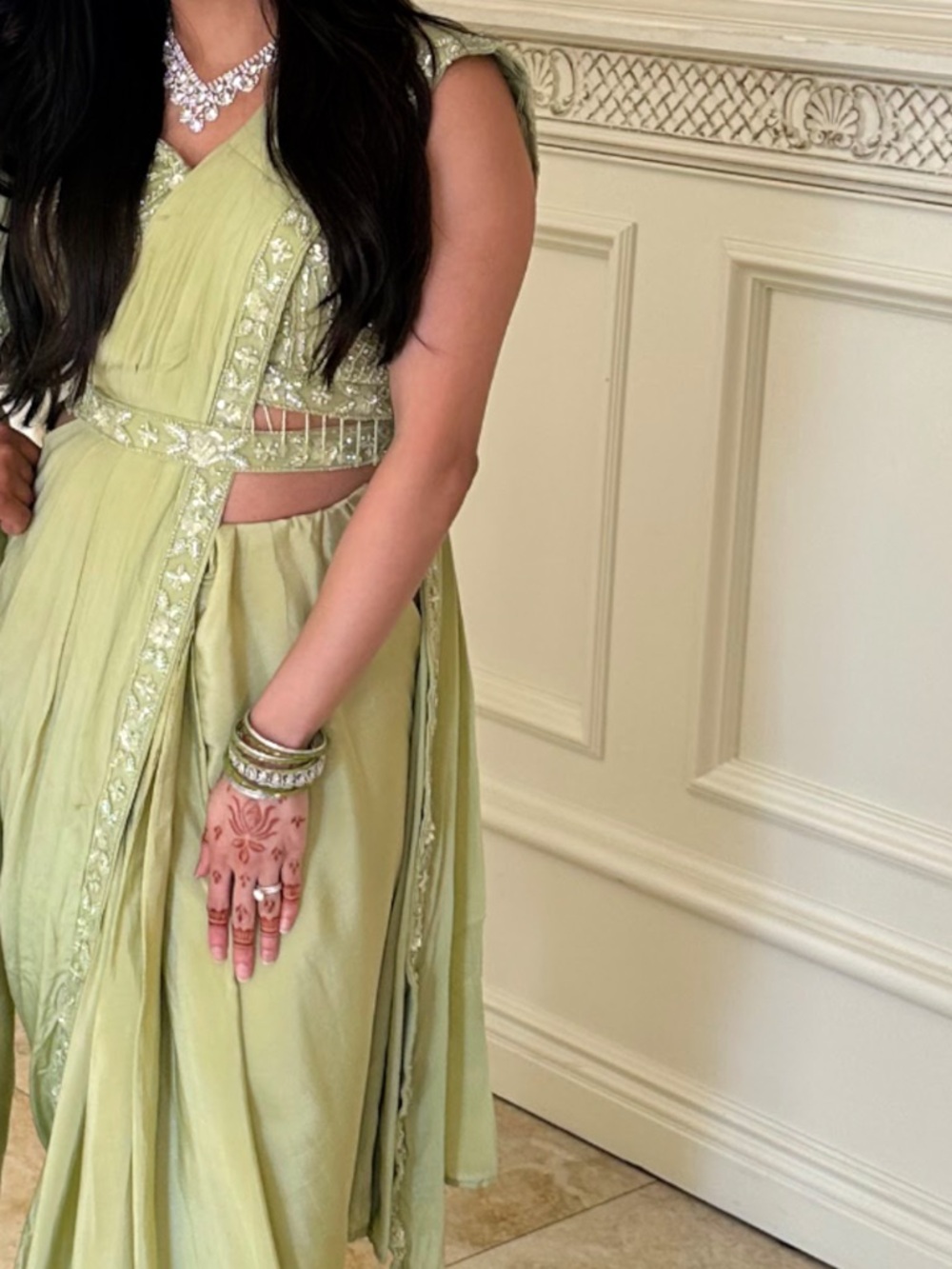 Pale Lime Green Embroidered Saree Set